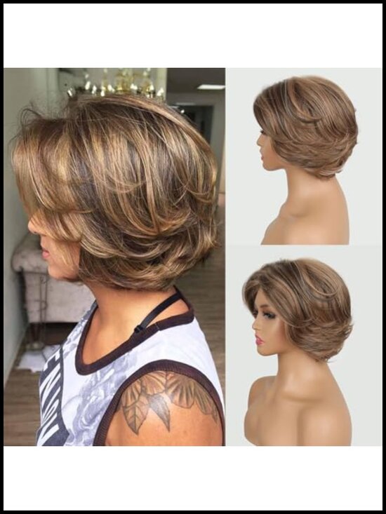 Short Ombre Layered Pixie Wig with Curtain Bangs Heat Resistant Synthetic
